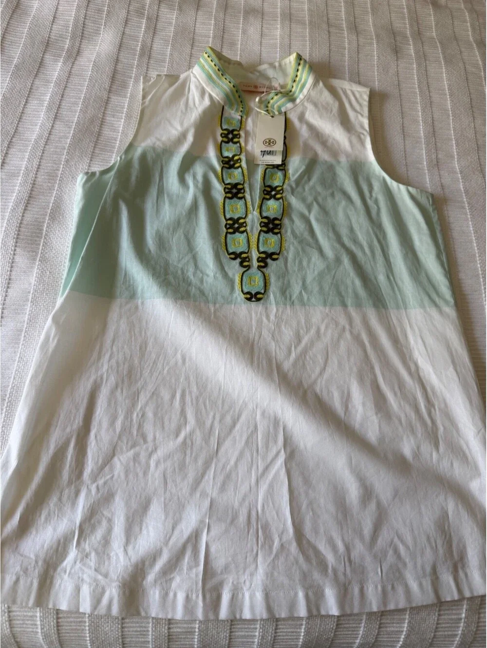 Tory Burch Isla Collins Stripe Tessa Tunic White Mint Green Embroidered Top Sz 6